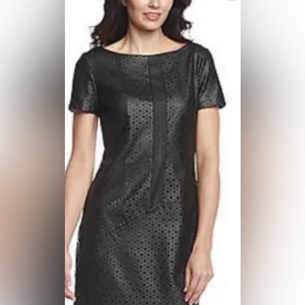 NWT Muse Black Perforated Faux Leather Sheath Dress w/Gold Sparkles - Size 6
